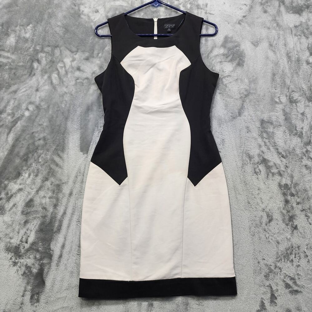 Topshop Dress Womens 8 Black White Colorblock Sleeveless Sheath Bodycon Office